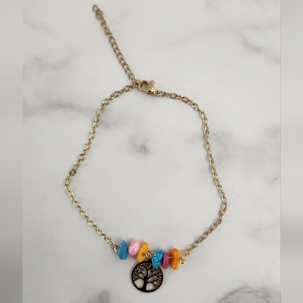 Gold Tree of Life Anklet Multicolor Beaded Ankle Bracelet 18K Summer Jewelry - Picture 9 of 13